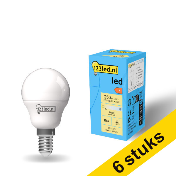 123tinta bombilla LED E14 esférica mate 2700K de 2,5W (25W) | Pack 6 uds LDR01897 - 1