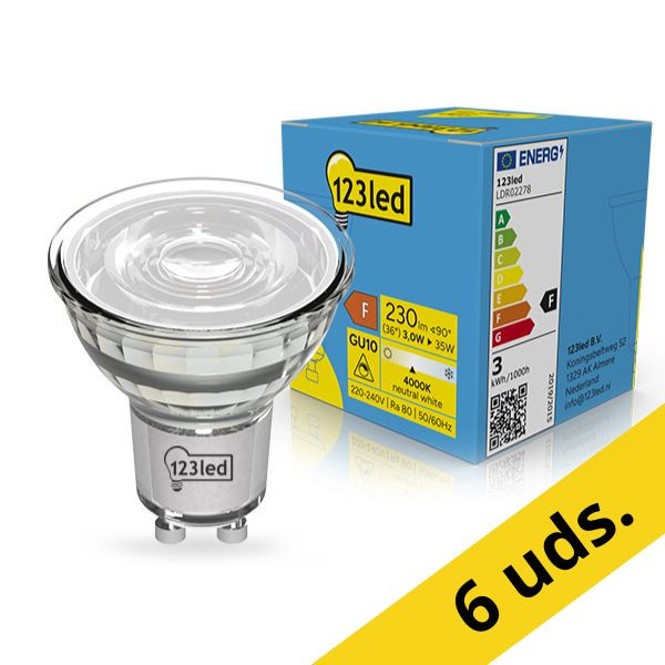 123tinta bombilla LED GU10 regulable 4000K de 3W (35W) | Pack 6 uds LDR02279 - 1