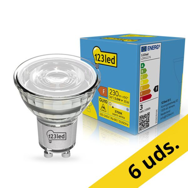 123tinta bombilla LED GU10 regulables 2700K de 3W (35W) | Pack 6 uds LDR02277 - 1