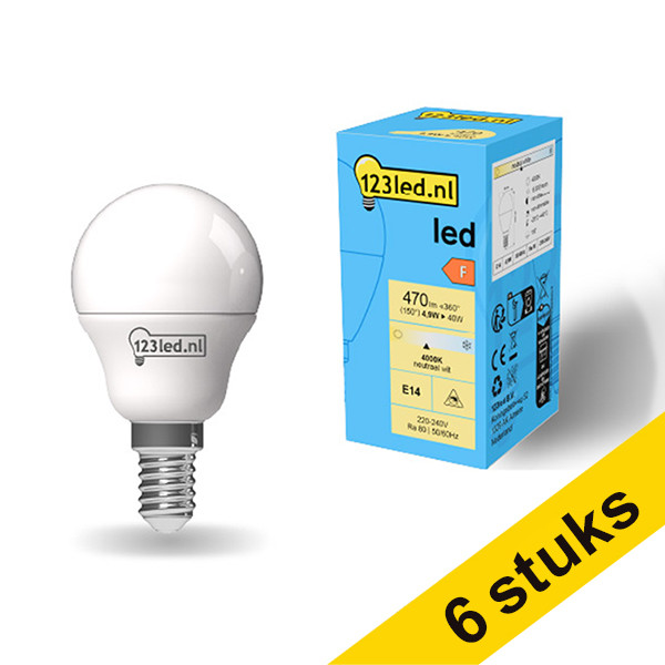 123tinta bombilla LED esférica E14 esmerilada 4000K 4,9W (40W) | Pack 6 uds LDR01903 - 1