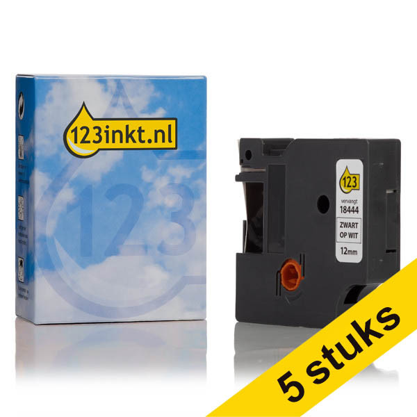 123tinta cinta de vinilo negro sobre blanco de 12 mm compatible con Dymo S0718600 / 18444 IND Rhino | Pack 5 rollos 653092 - 1