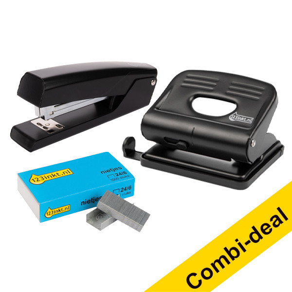 123tinta grapadora y perforadora negras (20 hojas) | Pack grapadora + perforadora + 1.000 grapas 390672 - 1