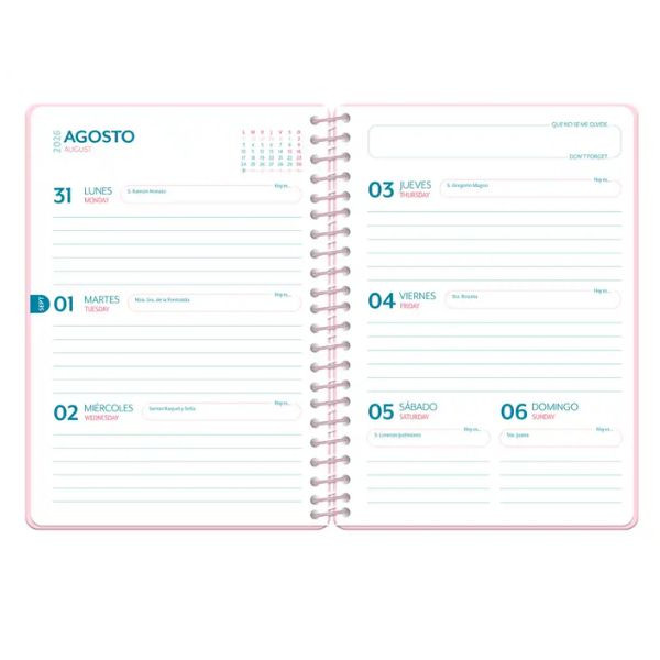 Agenda escolar A5 semana (2026-2027) - Rosa corazones 426922 - 2