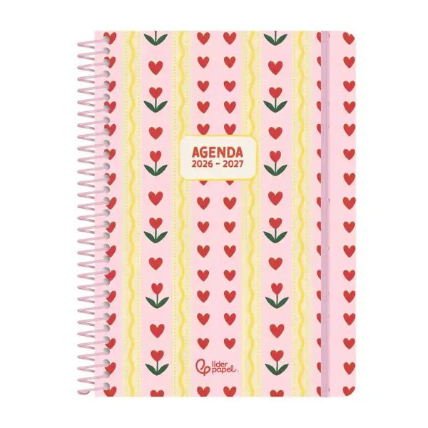 Agenda escolar A5 semana (2026-2027) - Rosa corazones 426922 - 1