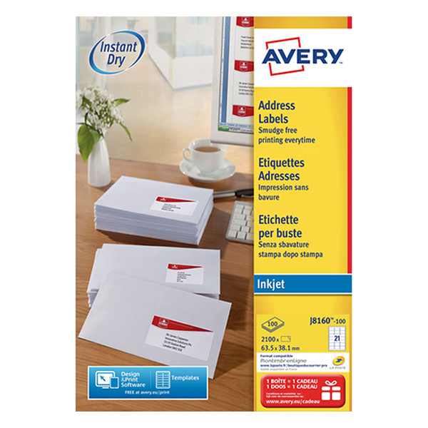 Avery J8160-100 Etiquetas de dirección A4 63,5 x 38,1 mm — 21 por hoja | Pack 100 hojas 212284 - 1