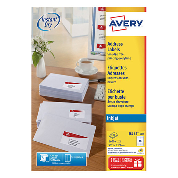 Avery J8162-100 Etiquetas de dirección A4 99,1 x 33,9 mm blancas (1600 etiquetas) J8162-100 212296 - 1