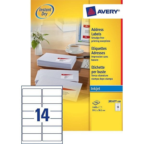 Avery J8163-100 Etiquetas A4 99,1 x 38,1 mm — 14 por hoja | Pack 100 hojas 212310 - 1