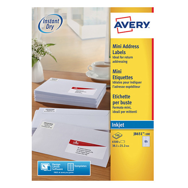 Avery J8651-100 Etiquetas de dirección A4 38 x 21,2 mm — 65 por hoja | Pack 100 hojas 212262 - 1