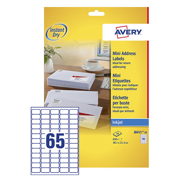 Avery J8651-10 Etiquetas A4 38 x 21,2 mm — 65 por hoja | Pack 10 hojas 212258 - 1