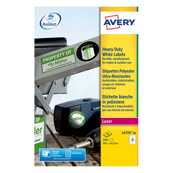 Avery L4776-20 Etiquetas resistentes a la intemperie A4 99,1 x 42,3 mm blancas (240 etiquetas)