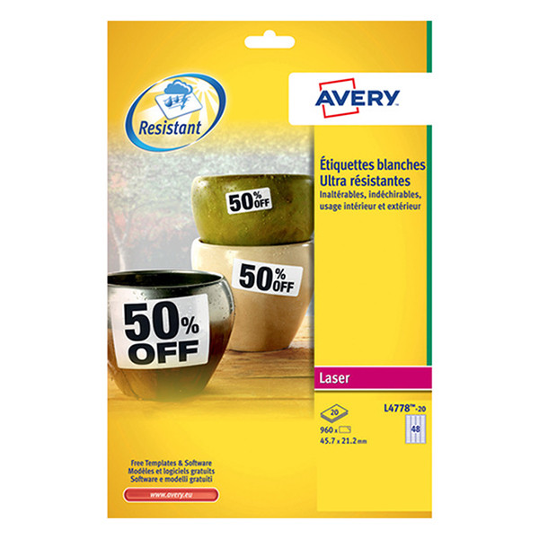 Avery L4778-20 Etiquetas resistentes a la intemperie A4 45,7 x 21,2 mm blancas (960 etiquetas)