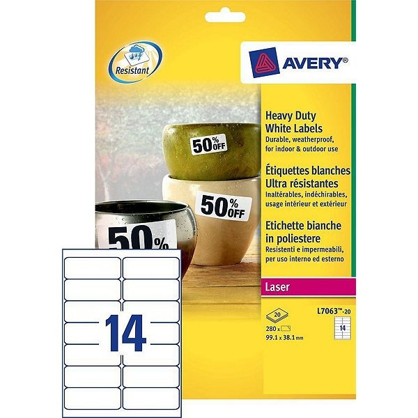 Avery L7063-20 Etiquetas resistentes a la intemperie A4 99,1 x 38,1 mm blancas (280 etiquetas)