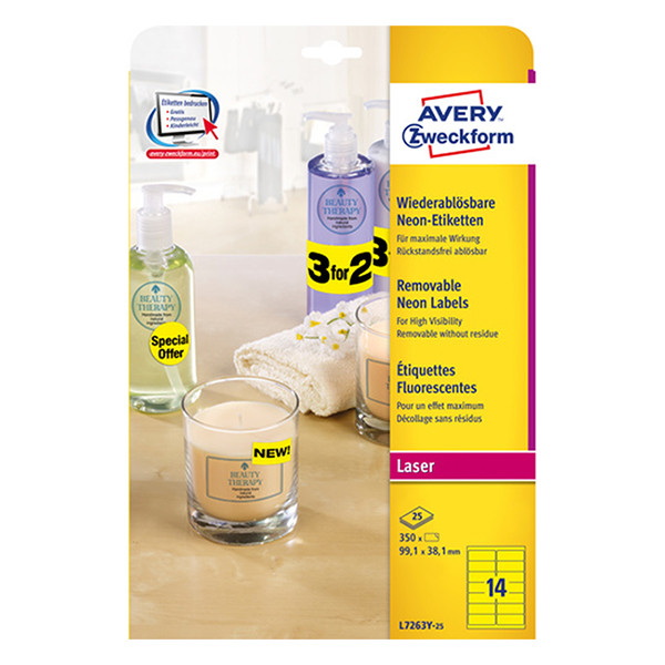 Avery L7263Y-25 Etiquetas neon A4 99,1 x 38,1 mm amarillo neón (350 etiquetas)