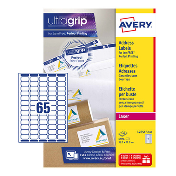 Avery L7651-100 Etiquetas de dirección A4 38 x 21,2 mm — 65 por hoja | Pack 100 hojas 212100 - 1