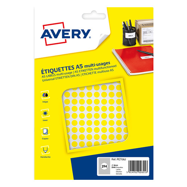 Avery PET08J – Gomets adhesivos de marcaje redondo 8 mm amarillo – 2.940 unidades 212705 - 1