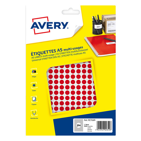 Avery PET08R gomets de 8 mm rojos (2.940 etiquetas) AV-PET08R 212706 - 1