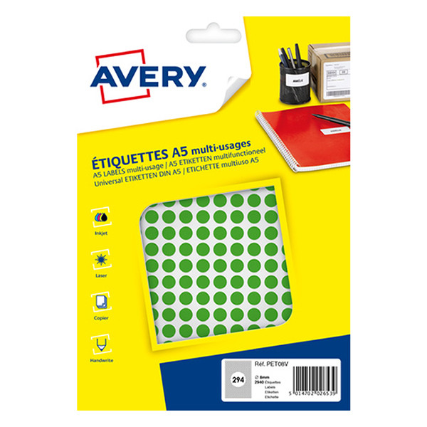 Avery PET08V – Gomets adhesivos de marcaje redondo 8 mm verde – 2.940 unidades 212707 - 1