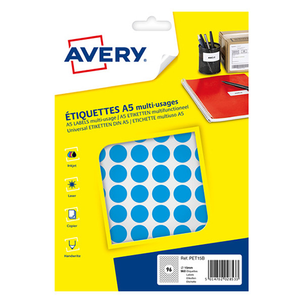 Avery PET15B – Gomets adhesivos de marcaje redondo 15 mm azul – 960 unidades 212714 - 1