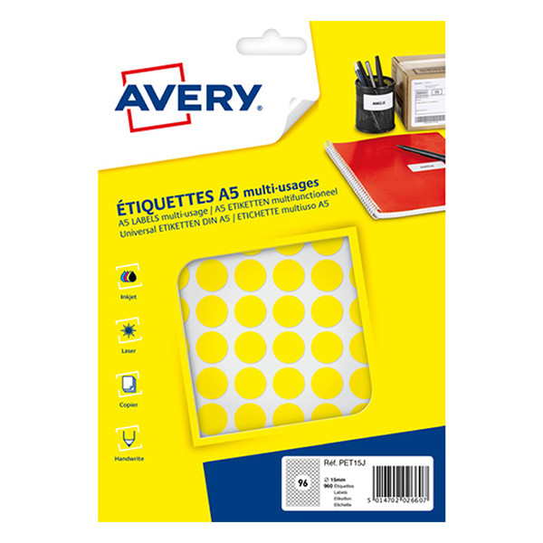 Avery PET15J – Gomets adhesivos de marcaje redondo 15 mm amarillo – 960 unidades 212715 - 1