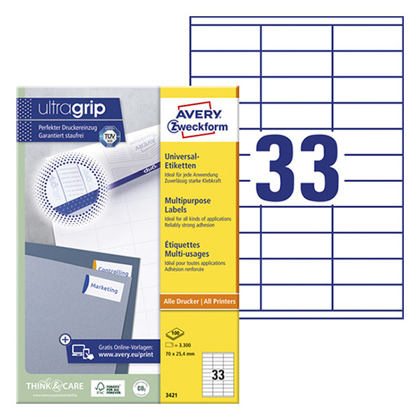 Avery Zweckform 3421 Etiquetas universales A4 70 x 25,4 mm blancas (3300 etiquetas) 3421 212036 - 1