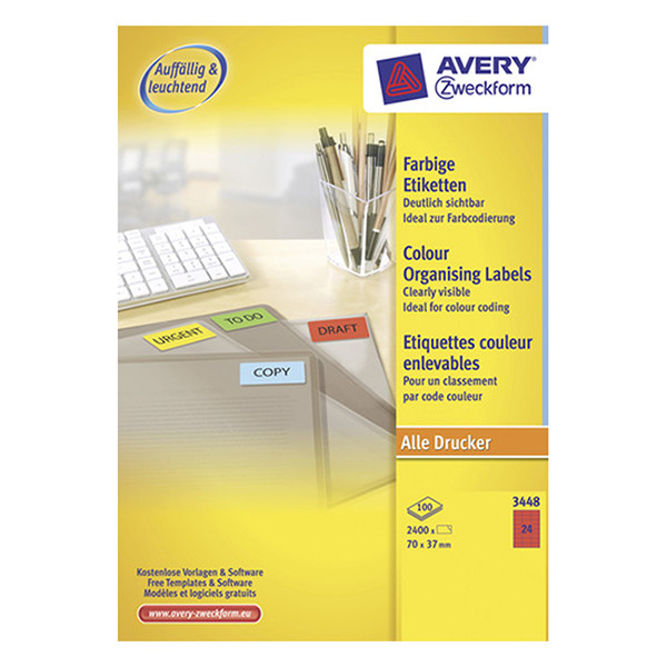 Avery Zweckform 3448 Etiquetas A4 Rojo 70 x 37 mm — 24 por hoja | Pack 100 hojas 212076 - 1
