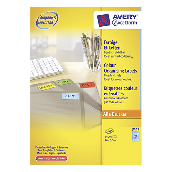 Avery Zweckform 3449 Etiquetas A4 Azul 70 x 37 mm — 24 por hoja | Pack 100 hojas 212082 - 1