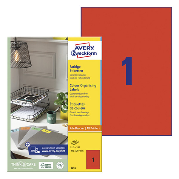 Avery Zweckform 3470 Etiquetas universales A4 210 x 297 mm rojas (100 etiquetas)