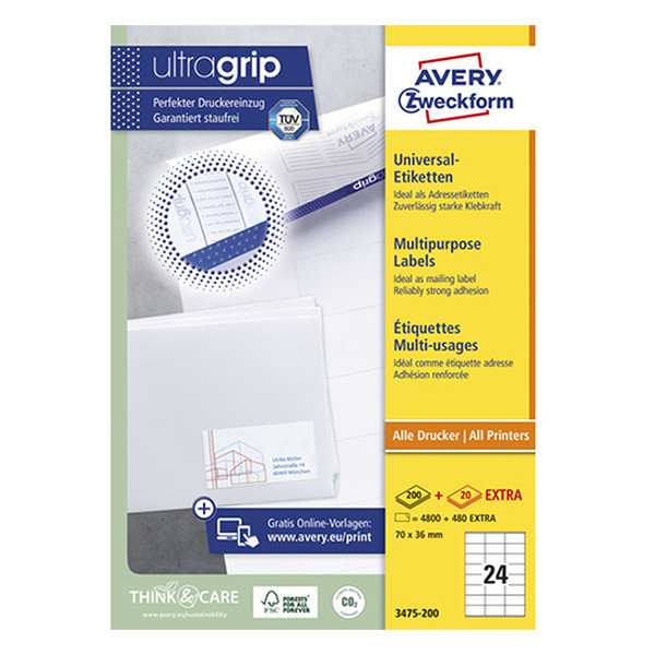Avery Zweckform 3475-200 Etiquetas universales A4 70 x 36 mm blancas (4.800 etiquetas) 3475-200 212476 - 1