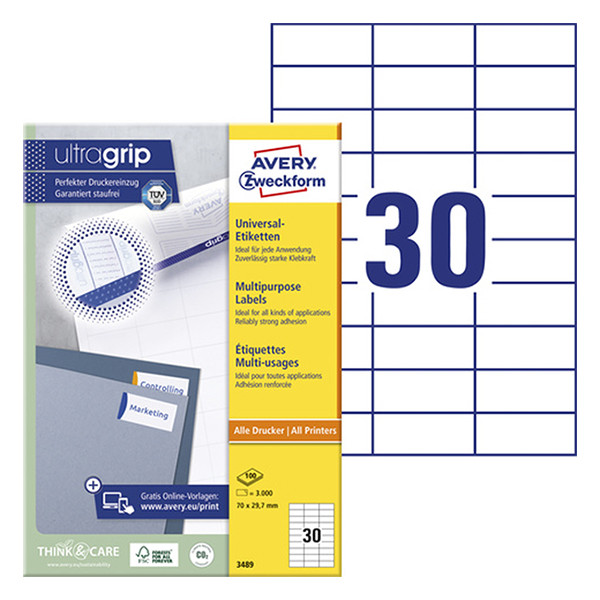 Avery Zweckform 3489 Etiquetas universales A4 70 x 29,7 mm blancas (3000 etiquetas) 3489 212480 - 1