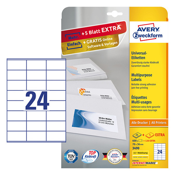 Avery Zweckform 3490 Etiquetas A4 70 x 36 mm — 24 por hoja | Pack 25 hojas 212482 - 1