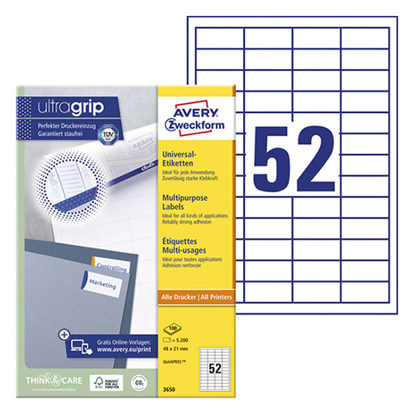 Avery Zweckform 3650 Etiquetas A4 48 x 21 mm — 52 por hoja | Pack 100 hojas 212650 - 1