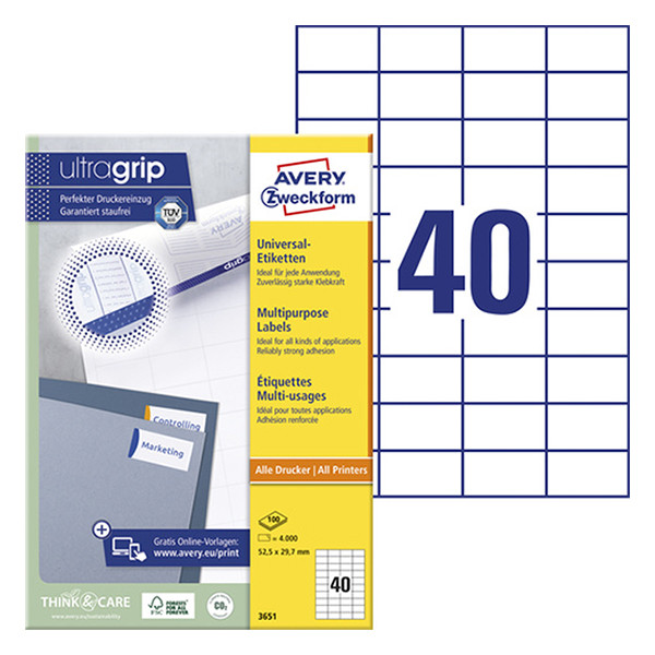 Avery Zweckform 3651 Etiquetas A4 52,5 x 29,7 mm — 40 por hoja | Pack 100 hojas 212028 - 1
