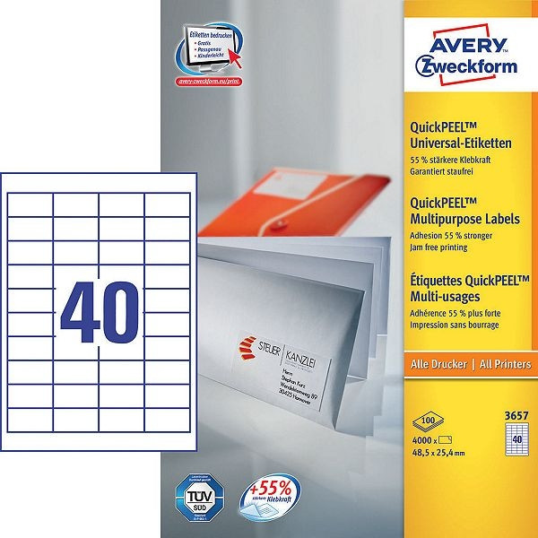 Avery Zweckform 3657 Etiquetas universales A4 48,5 x 25,4 mm blancas (4.000 etiquetas) 3657 212026 - 1