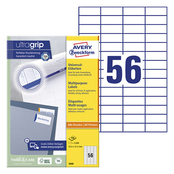 Avery Zweckform 3668 Etiquetas universales A4 52,5 x 21,2 mm blancas (5600 etiquetas)