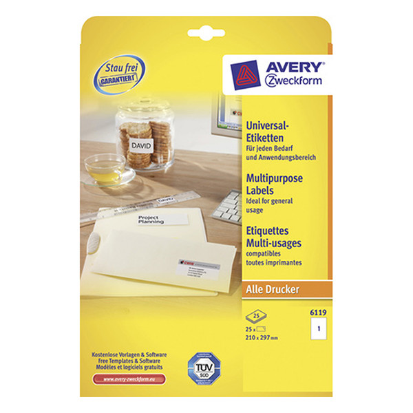 Avery Zweckform 6119 Etiquetas A4 210 x 297 mm — 1 por hoja | Pack 25 hojas 212631 - 1