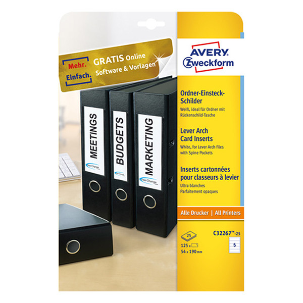 Avery Zweckform C32267-25 Tarjetas insertables para lomo de carpeta, 54 x 190 mm (125 etiquetas)