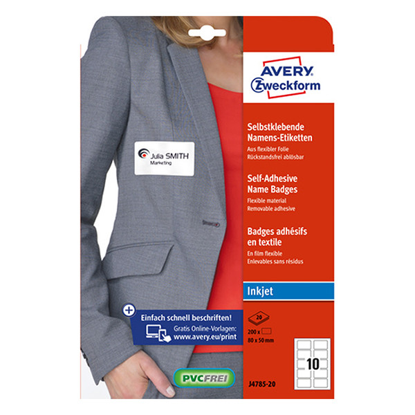 Avery Zweckform J4785-20 Etiquetas autoadhesivas para credenciales para impresoras de inyección de tinta, 50 x 80 mm, blancas (200 etiquetas) AV-J4785-20 212686 - 1