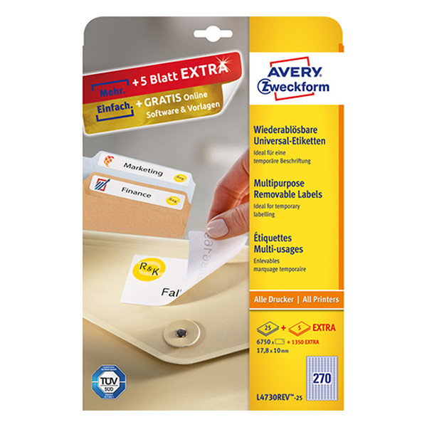 Avery Zweckform L4730-25 Etiquetas multifuncionales A4 17,8 x 10 mm — 270 por hoja | Pack 25 hojas 212572 - 1