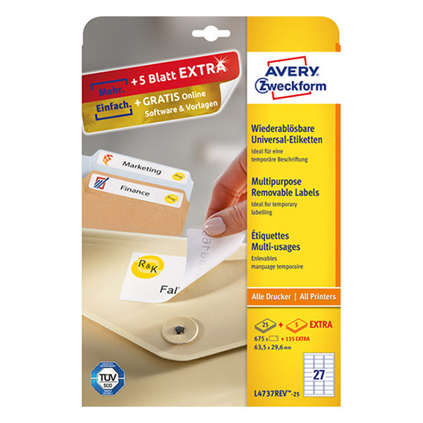 Avery Zweckform L4737-25 Etiquetas multifuncionales A4 63,5 x 29,6 mm blancas (675 etiquetas) L4737REV-25 212582 - 1