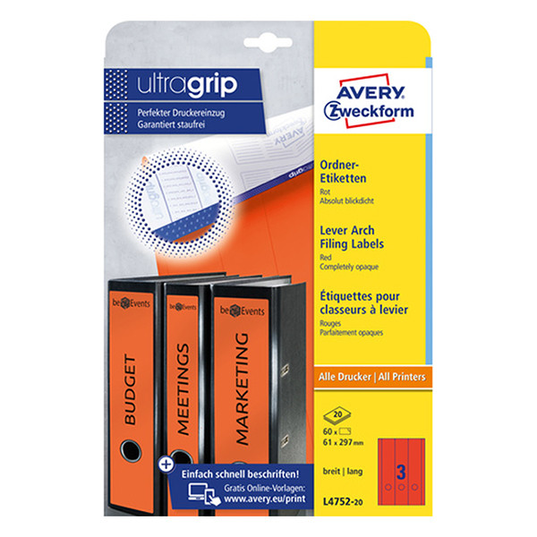 Avery Zweckform L4752-20 Etiquetas para lomo de carpeta 61 x 297 mm, color rojo (60 etiquetas) 212124 - 1