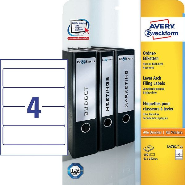 Avery Zweckform L4761-25 Etiquetas para lomo de carpeta 192 x 61 mm, color blanco (100 etiquetas)