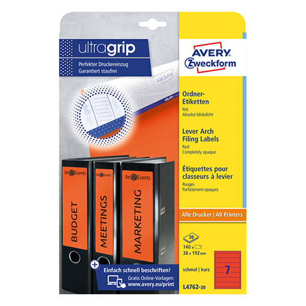 Avery Zweckform L4762-20 Etiquetas para lomo de carpeta 192 x 38 mm, color rojo (140 etiquetas) 212812 - 1