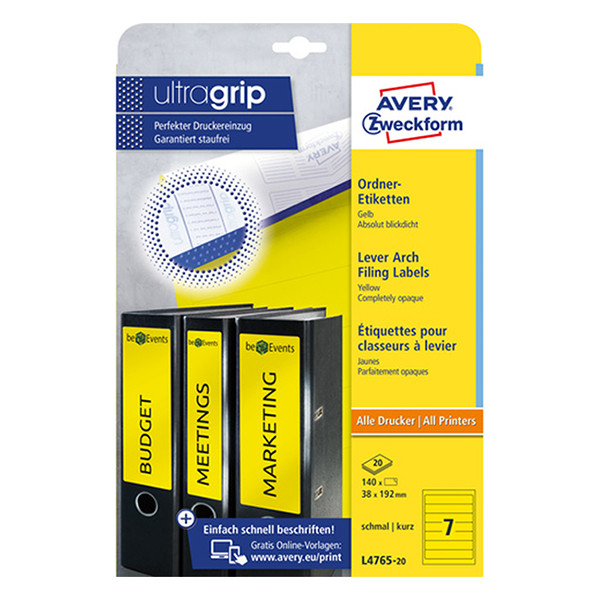 Avery Zweckform L4765-20 Etiquetas para lomo de carpeta 192 x 38 mm, color amarillo (140 etiquetas) 212815 - 1