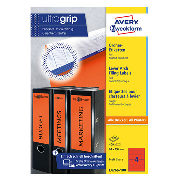 Avery Zweckform L4766-100 Etiquetas para lomo de carpeta 192 x 61 mm, color rojo (400 etiquetas) L4766-100 212116 - 1