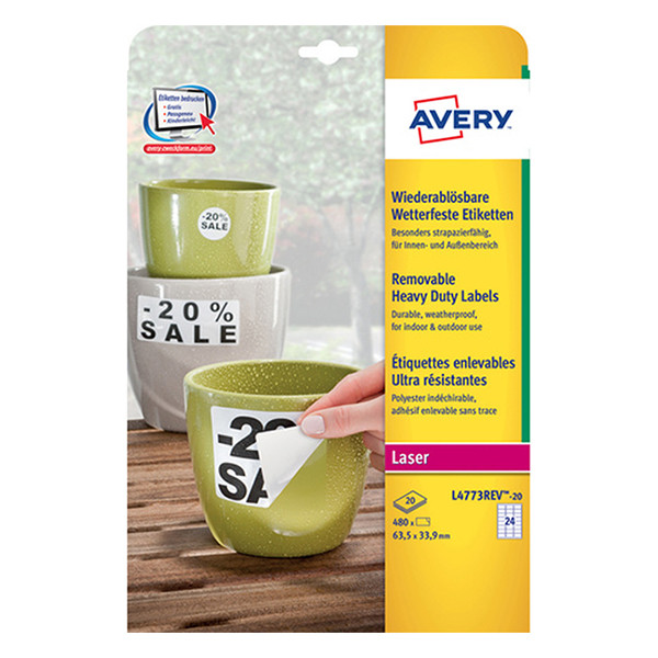 Avery Zweckform L4773REV-20 Etiquetas impermeables extraíbles A4 63,5 x 33,9 mm (480 etiquetas)