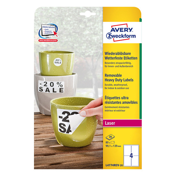 Avery Zweckform L4774REV-20 Etiquetas resistentes a la intemperie A4 99,1 x 139 mm blancas (80 etiquetas)