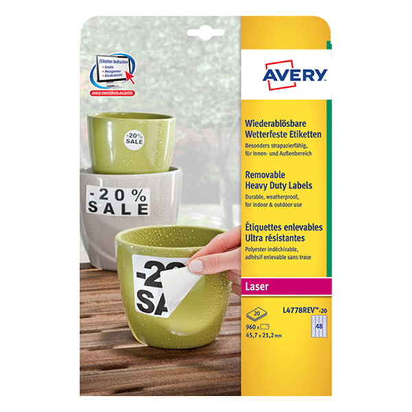 Avery Zweckform L4778REV-20 Etiquetas impermeables extraíbles A4 45,7 x 21,2 mm (960 etiquetas) L4778REV-20 212657 - 1