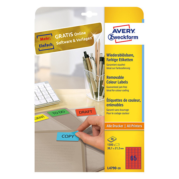 Avery Zweckform L4790-20 Etiquetas removibles A4 38,1 x 21,2 mm rojas (1300 etiquetas)