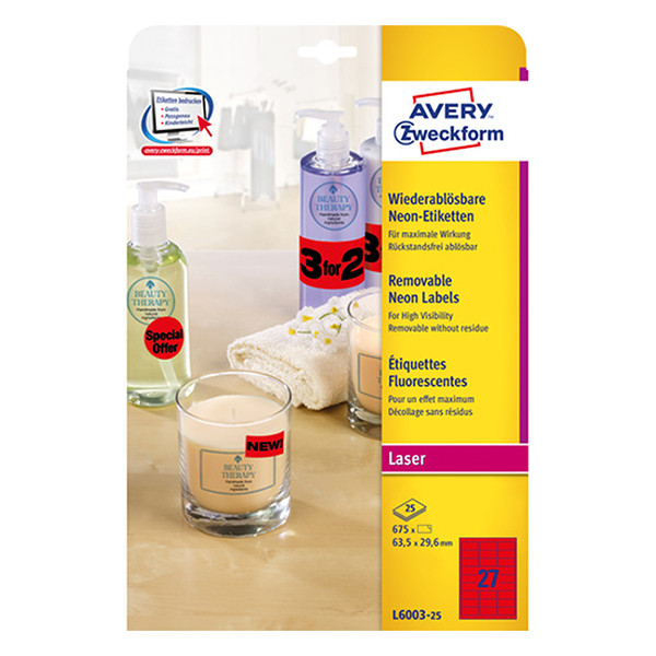 Avery Zweckform L6003-25 Etiquetas removibles neon A4 63,5 x 29,6 mm rojas (675 etiquetas)