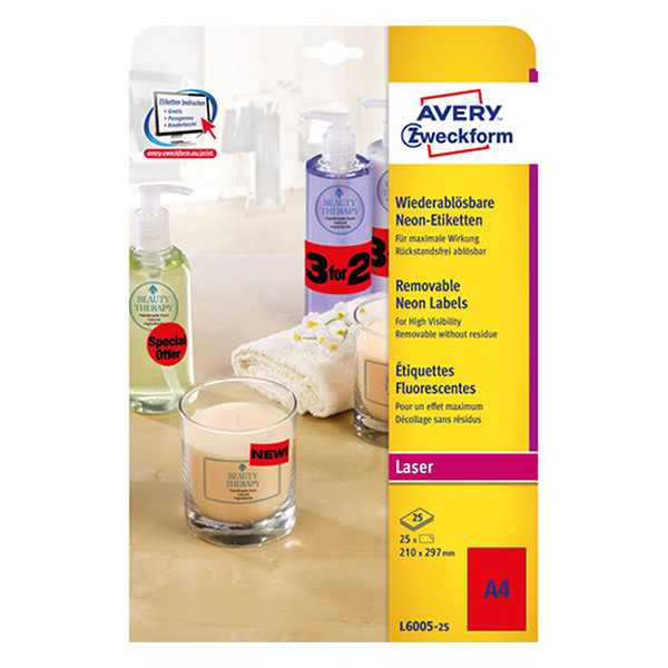 avery zweckform l6005-25 etiquetas neon a4 210 x 297 mm rojas 25 etiquetas